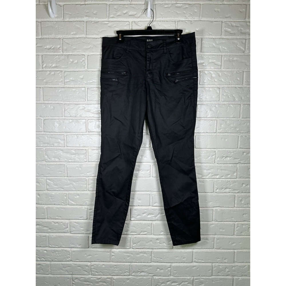 A.N.A Size 12 Black Coated Skinny Jeans Grunge Rocker Zip Detail Stretch Pants